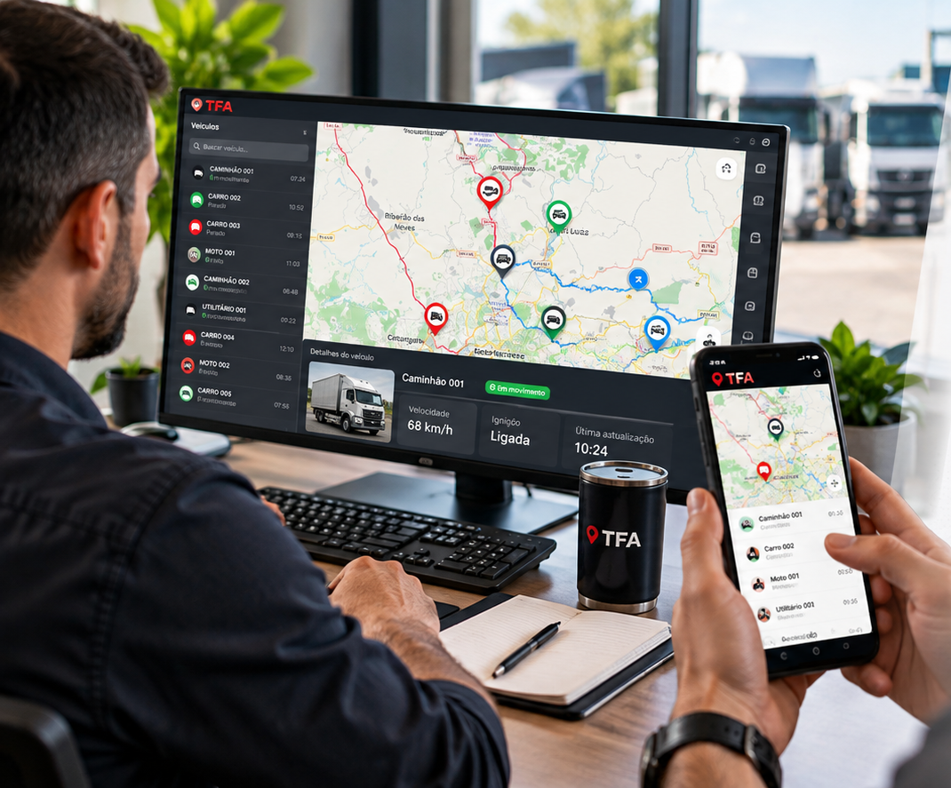 Gestor de frota acompanhando veículos em uma plataforma de monitoramento no computador e no celular